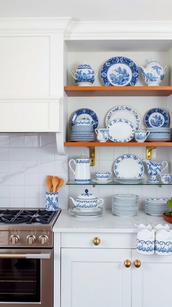 Open shelves displaying blue and white china in a kitchen