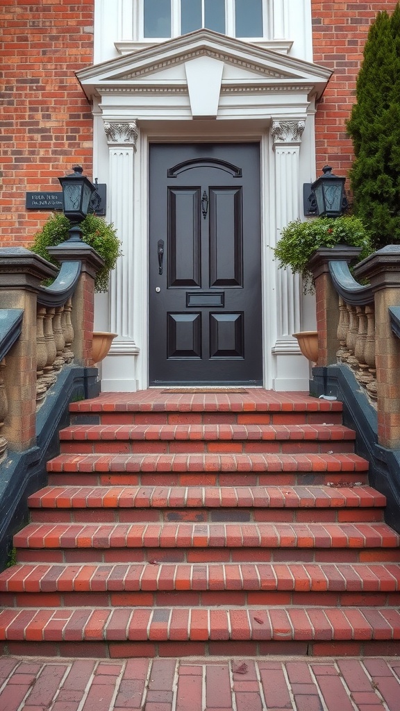 Elegant brick steps leading to a black door framed by decorative elements