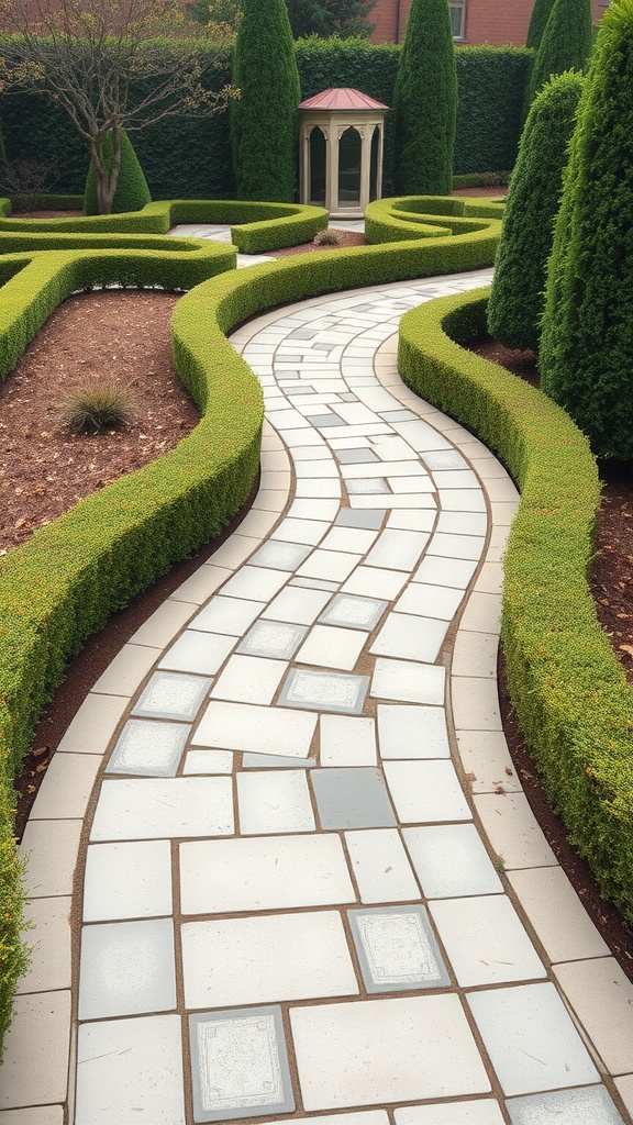 Curved flagstone walkway surrounded by hedges and a gazebo