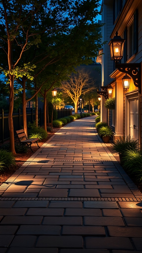 A flagstone walkway illuminated by vintage-style lanterns, with trees and plants lining the sides under a dusky sky.