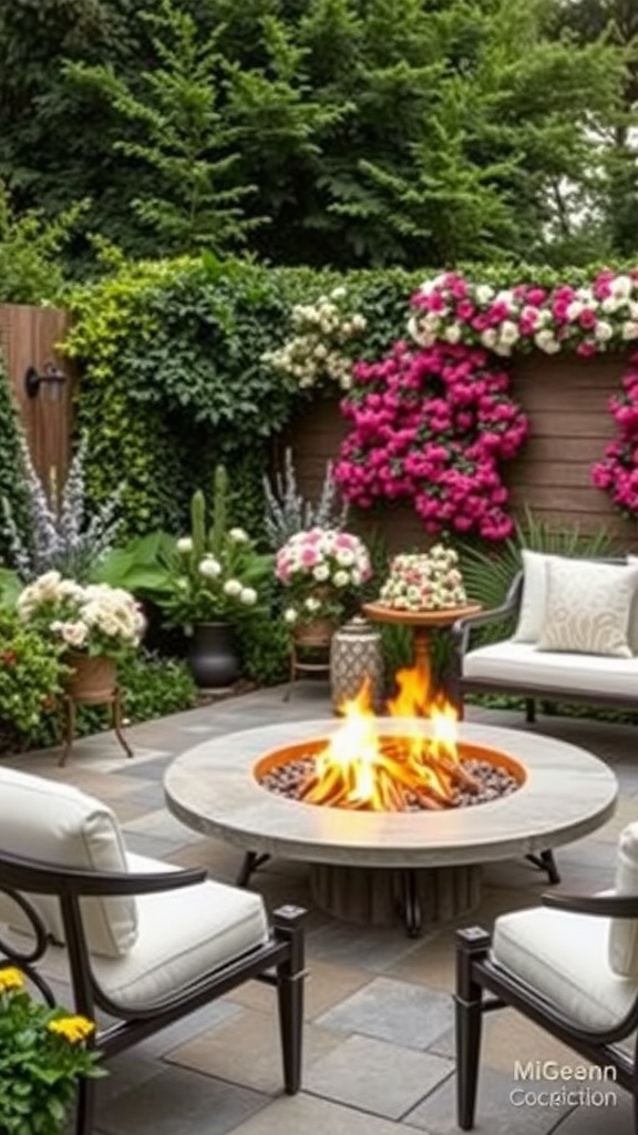 An elegant garden fire pit lounge featuring a circular fire pit with a stone surface, surrounded by comfortable chairs and vibrant flower arrangements.