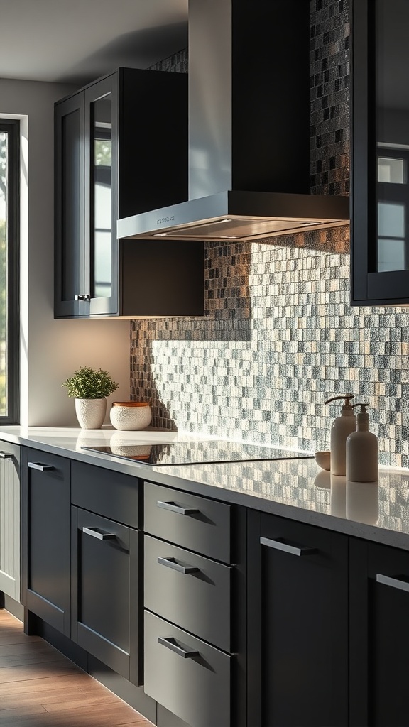 Elegant kitchen with glass mosaic backsplash and dark cabinets