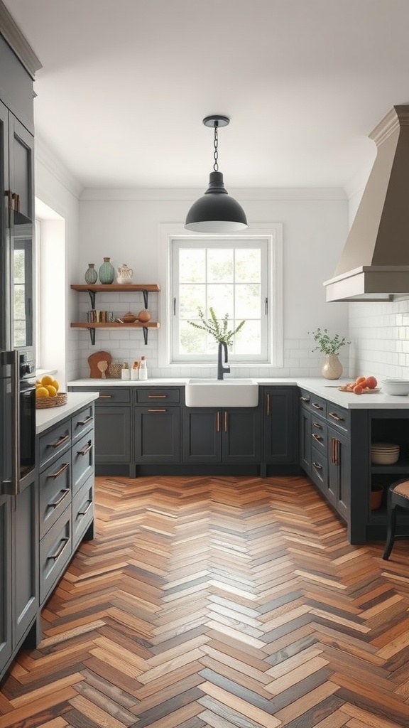 A kitchen featuring an elegant herringbone wood floor, dark cabinets, and light countertops.