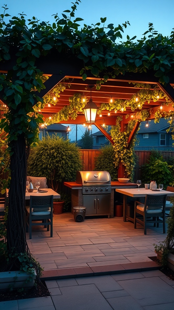 A cozy and elegant pergola with a grill setup, surrounded by greenery and soft lighting.