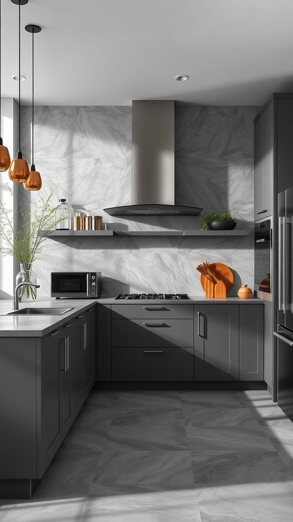 Modern kitchen with slate gray cabinets and orange accents