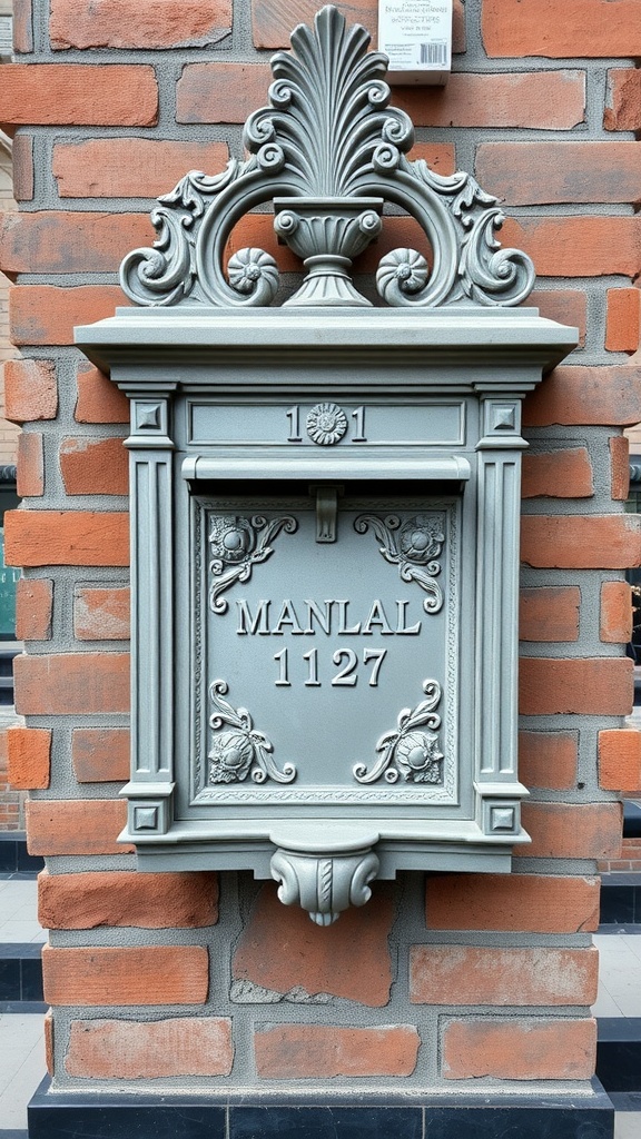 A decorative gray mailbox with intricate designs mounted on a brick wall.