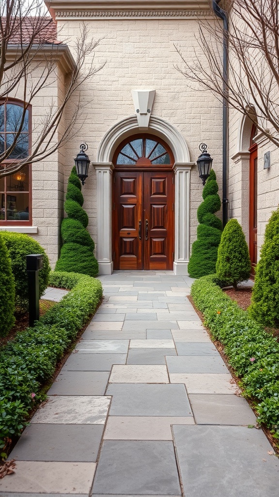 A stone pathway leads to an elegant entrance with manicured shrubs and lanterns.