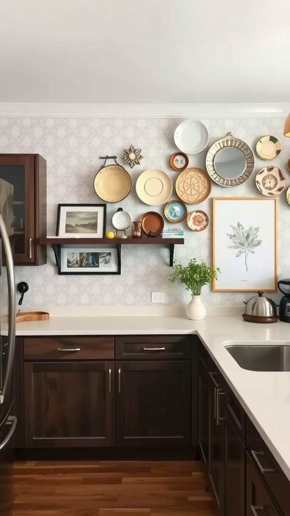 A kitchen featuring elegant wallpaper, decorative plates, and a cozy arrangement.