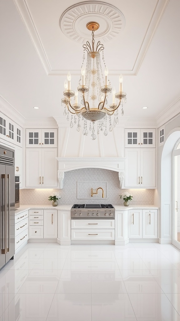 Elegant white kitchen with crystal chandelier and modern appliances