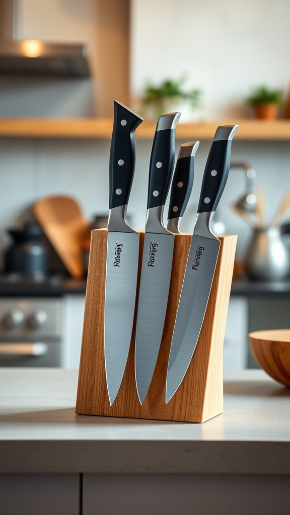 A wooden knife block with multiple knives in a modern kitchen setting.