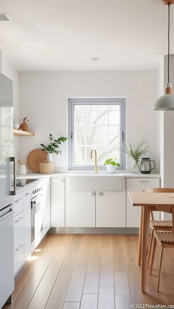 A bright Scandinavian kitchen with white cabinetry, natural wood floor, and plants.