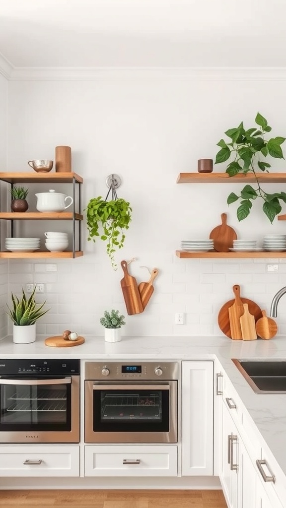 A modern kitchen with open shelving displaying dishware and plants, enhancing the space's charm.