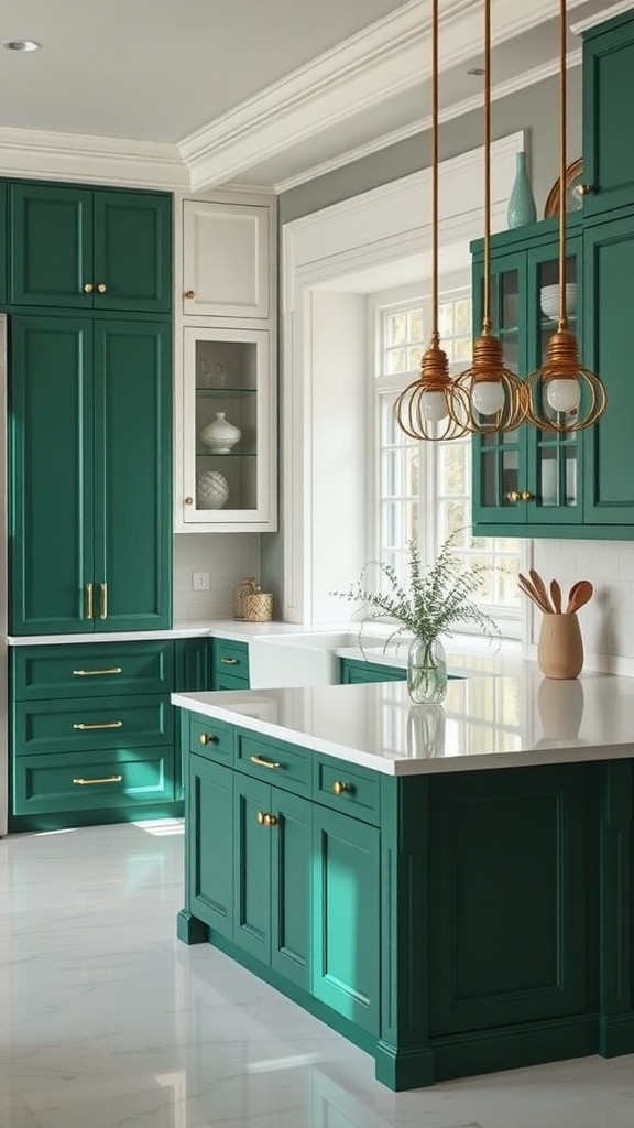 A modern kitchen featuring emerald green cabinets with white accents and gold hardware.