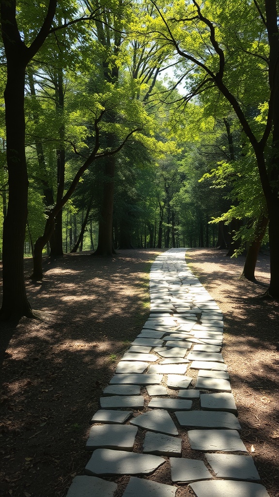 A flagstone walkway winding through a sunlit woodland area.