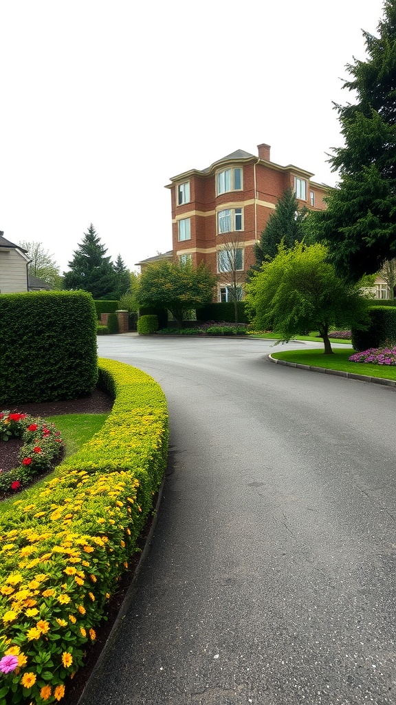 Landscaped driveway with vibrant flowers and neatly trimmed bushes