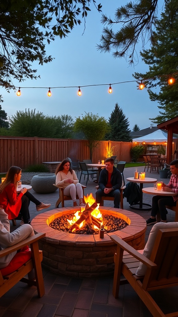 A cozy backyard fire pit area with friends gathered around, enjoying the evening.