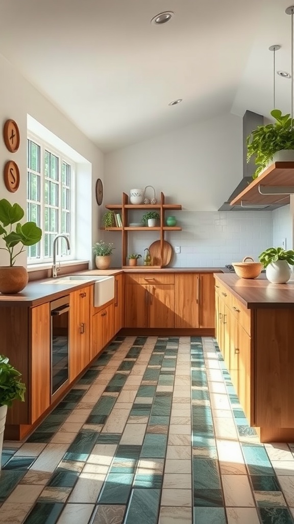 A modern kitchen featuring recycled glass tiles in green and white, with wooden cabinets and plants