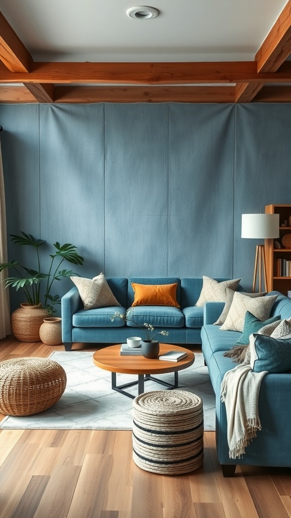 Living room showcasing faded denim blue walls, blue sofas, orange accent pillows, and natural decor elements.