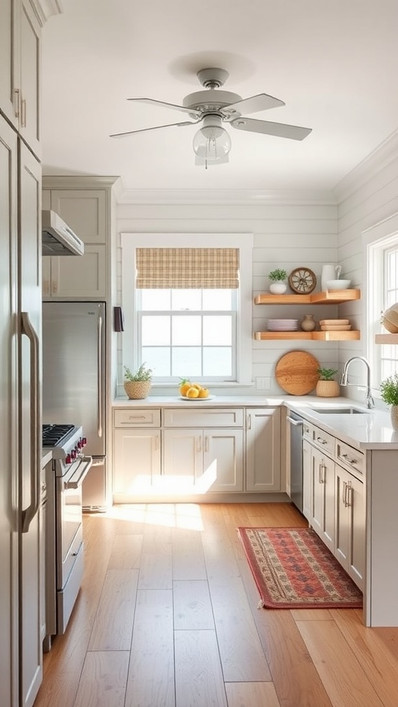 Bright and inviting beach house kitchen with open shelving and natural light