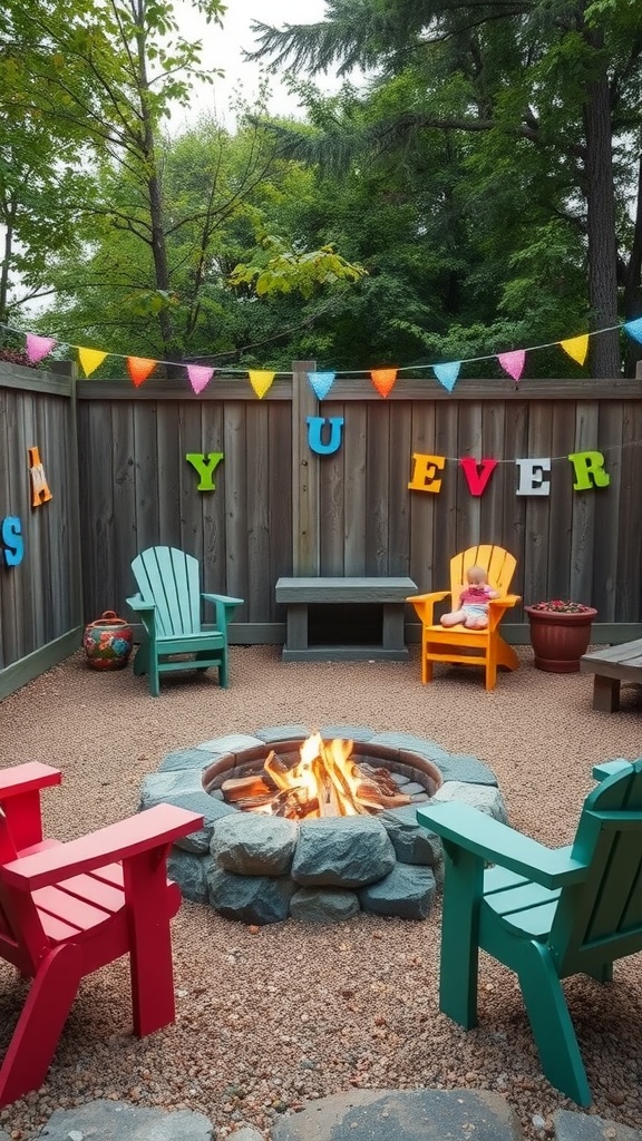 A vibrant family-friendly fire pit area with colorful chairs and a cozy fire.