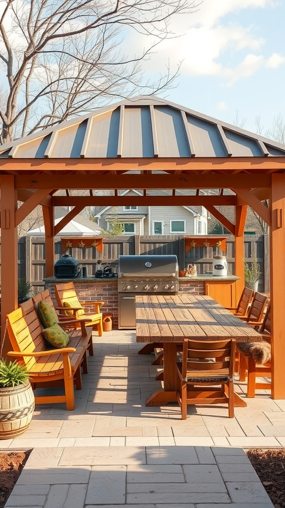 A cozy family-friendly grill gazebo featuring a large wooden table, comfortable chairs, and a grill in the background.