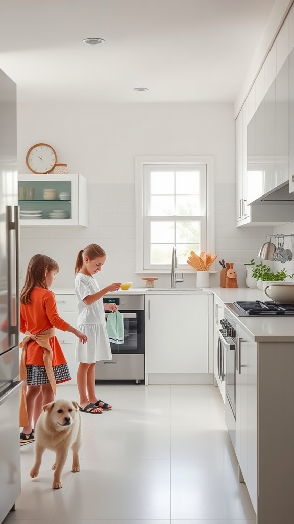 A bright and spacious white kitchen with two children cooking and a dog in the foreground.