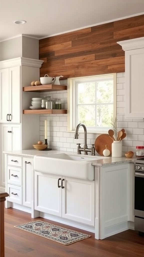 A modern kitchen featuring farmhouse elements like a large sink, wooden accents, and open shelving.