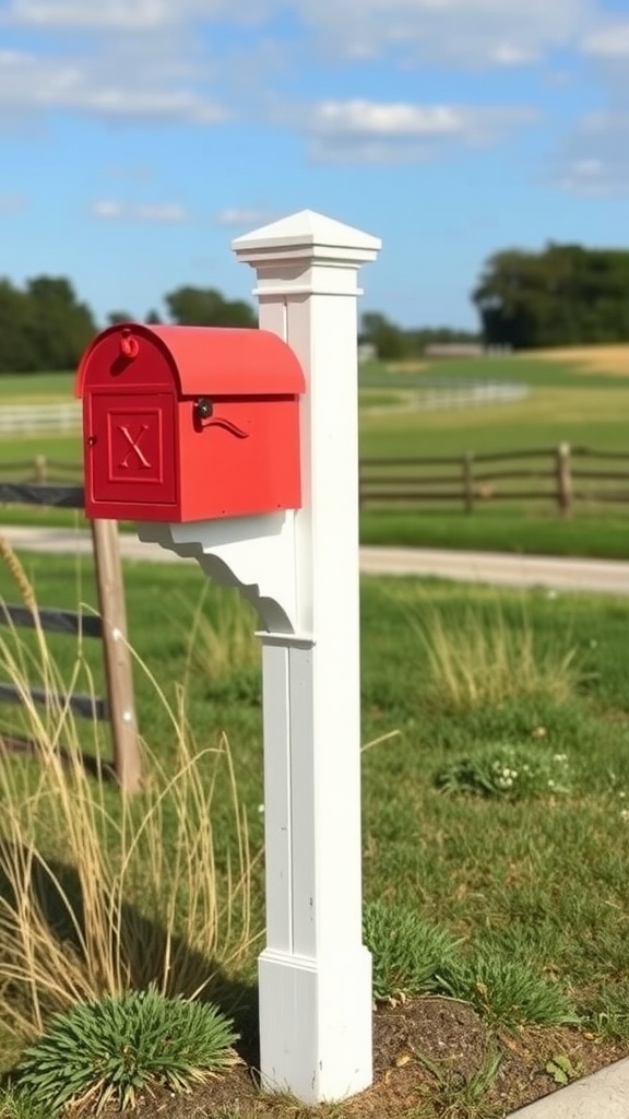 A bright red mailbox on a white post in a green yard