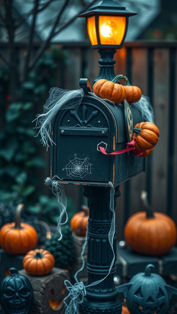 A Halloween-themed mailbox decorated with small pumpkins, spider webs, and a glowing lamp.