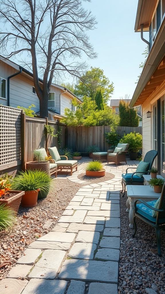 A charming flagstone patio path surrounded by greenery and potted plants.