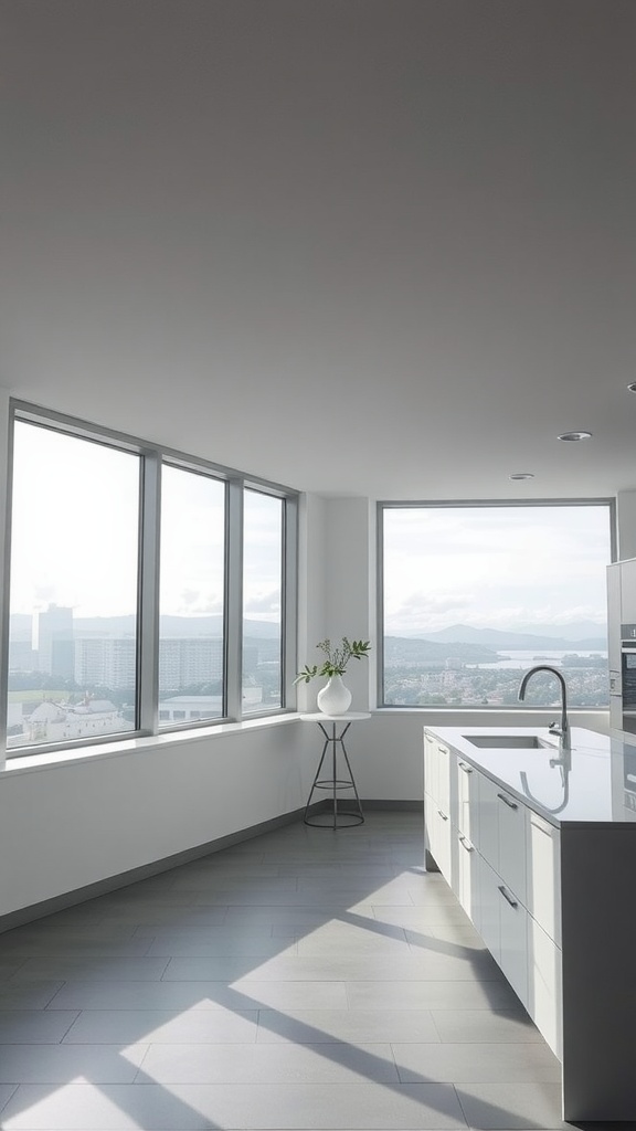 A modern kitchen featuring floor-to-ceiling windows with a view, showcasing sleek white cabinetry and gray flooring.