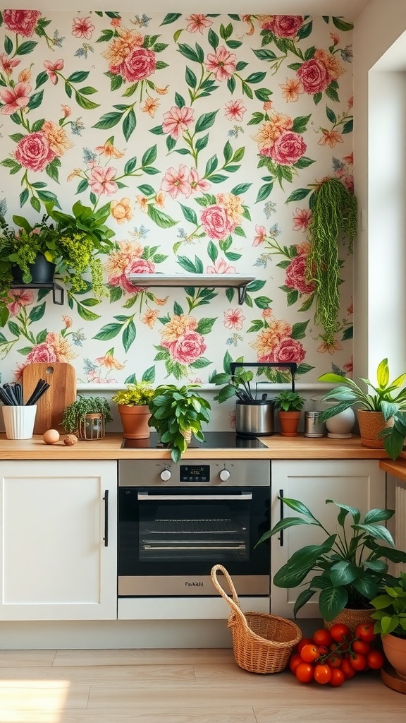 A kitchen featuring floral wallpaper, wooden countertops, a modern oven, and various potted plants.