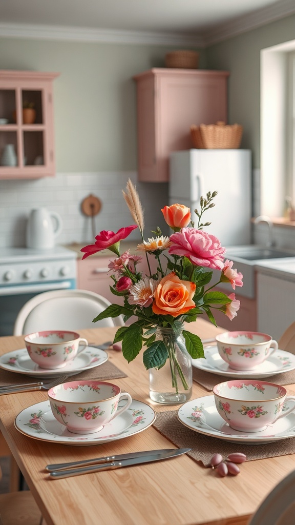 A dining table set with floral pink tableware, featuring cups, plates, and a vase of fresh flowers, in a charming kitchen setting.