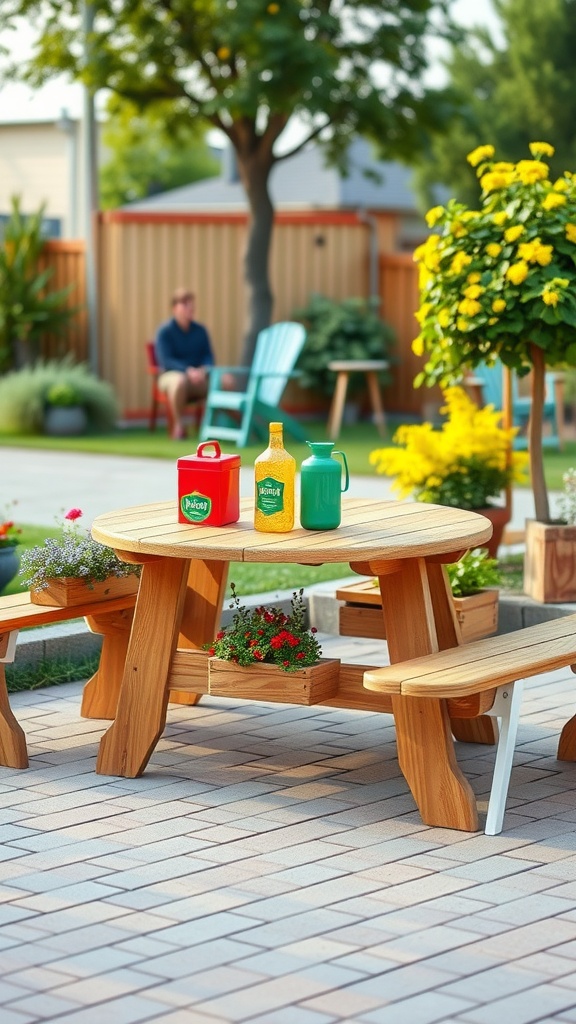 A foldable picnic table with built-in flower planters, surrounded by benches, colorful picnic supplies, and greenery in a sunny outdoor setting.