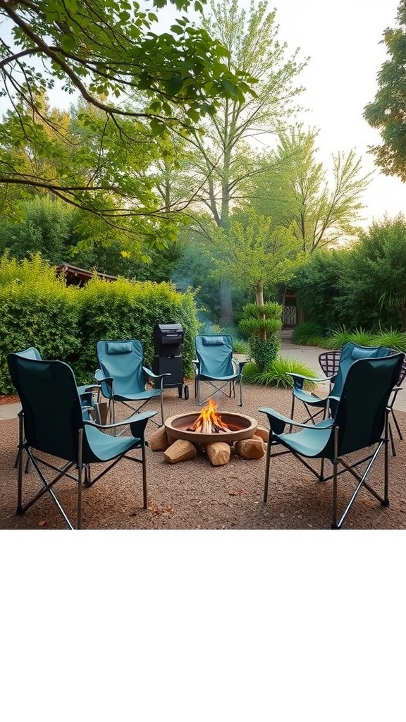 Folding camp chairs arranged around a fire pit in a natural setting