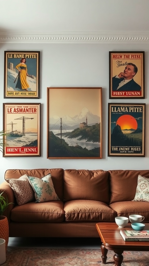 Living room with framed vintage posters on the wall and a cozy brown sofa.