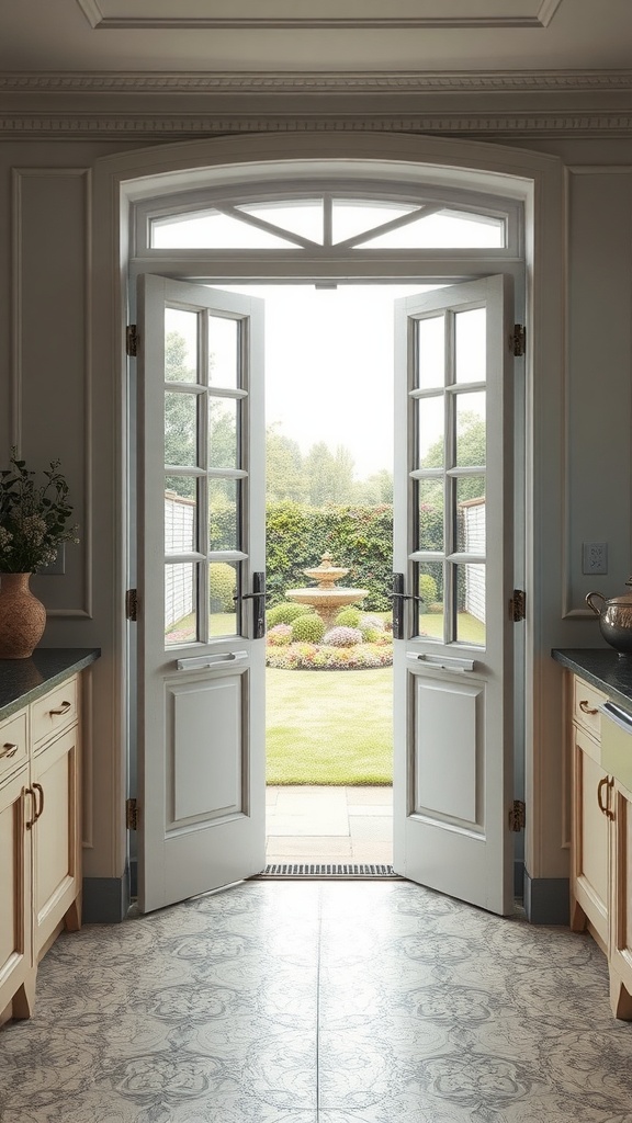 View of a kitchen with open French doors leading to a serene garden