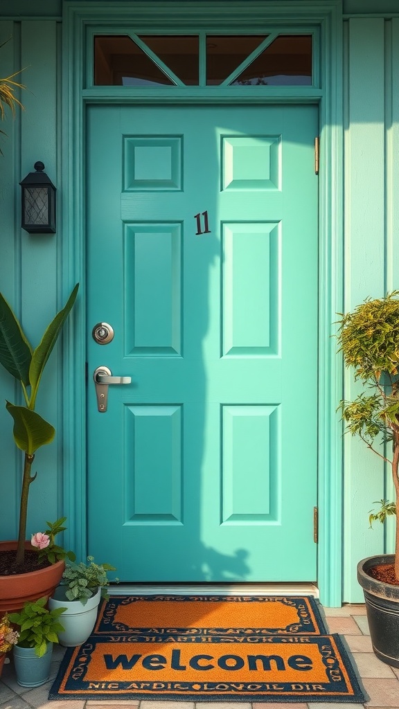 A bright turquoise front door with a welcome mat and potted plants