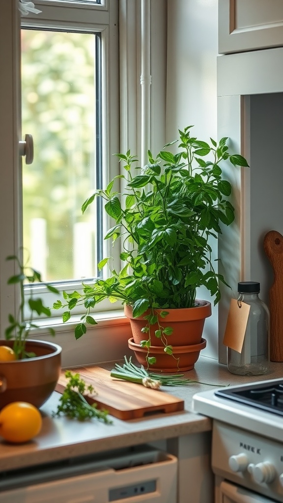 A kitchen with a fresh herb garden by the window, featuring potted herbs and a wooden cutting board with fresh ingredients.