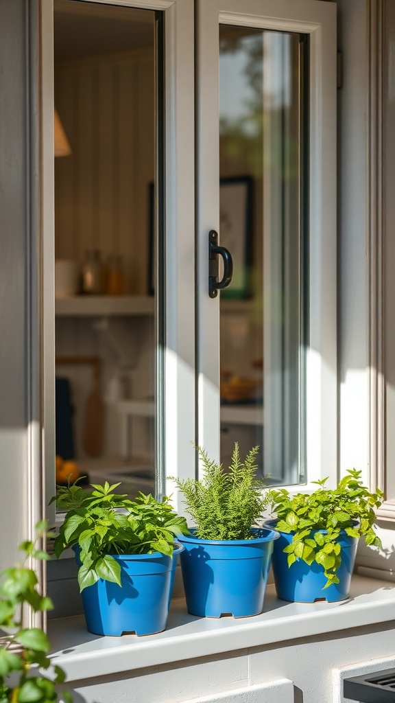 Fresh herb garden in blue pots placed on a window sill with sunlight