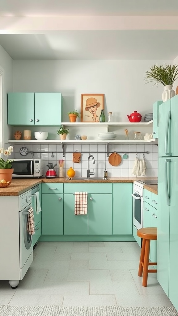 A kitchen featuring mint green cabinets, a wooden countertop, and colorful kitchen accessories.