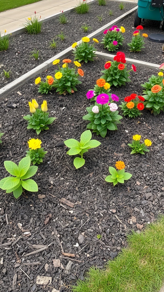 Colorful flowers surrounded by fresh mulch in garden beds