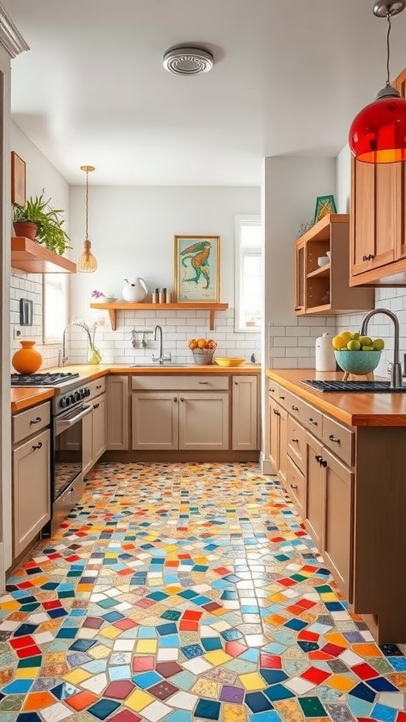 Colorful mosaic tiles on kitchen floor with wooden cabinets and bright decor