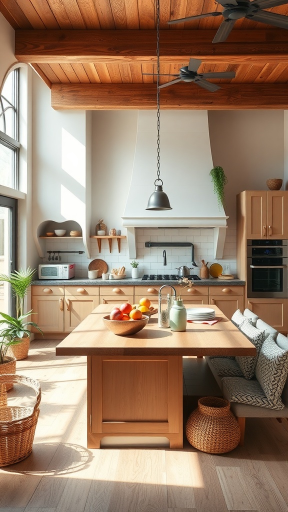 A bright and spacious kitchen featuring wooden elements, a central table, and open shelves, creating a functional family hub.