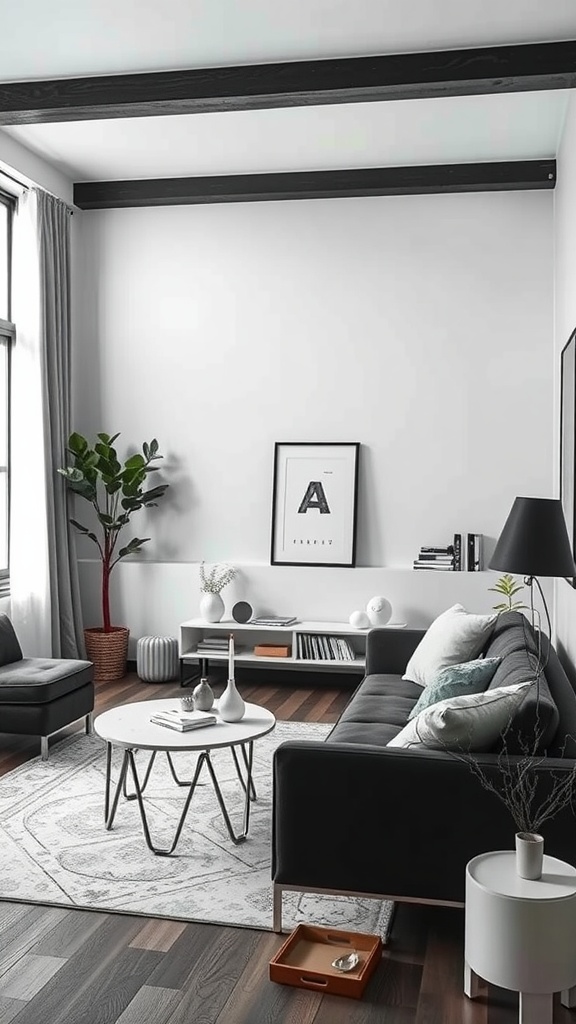 A stylish black, grey, and white living room featuring functional furniture for small spaces.