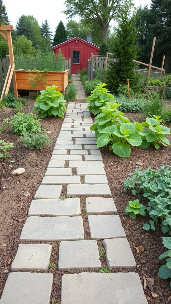 A flagstone walkway surrounded by green plants leading to a red shed in a garden.