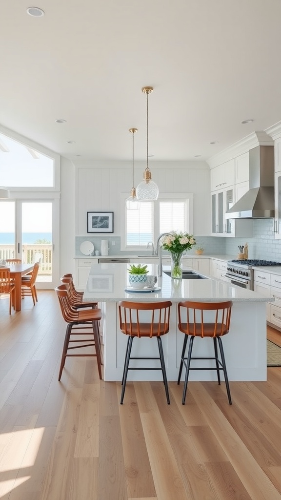 A bright beach house kitchen featuring a functional island with seating and a view of the ocean.