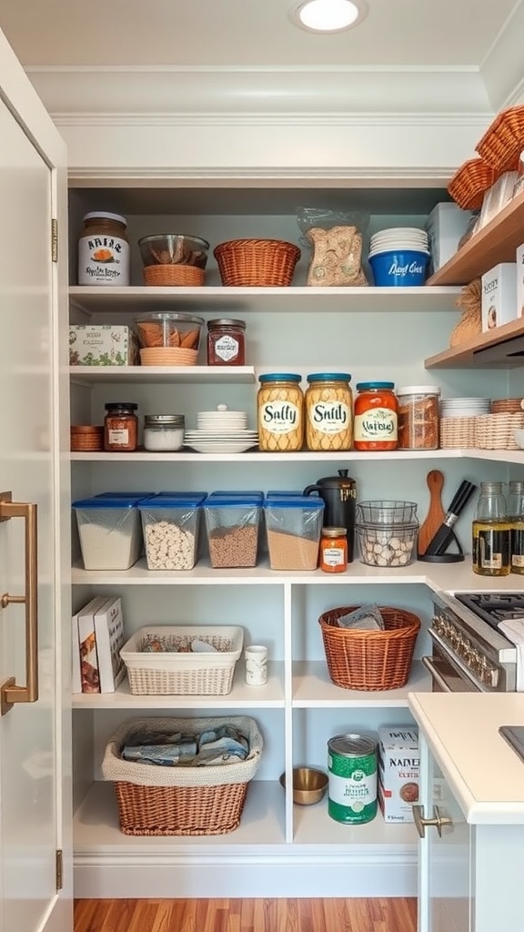 Organized pantry with shelves containing various containers, jars, and baskets