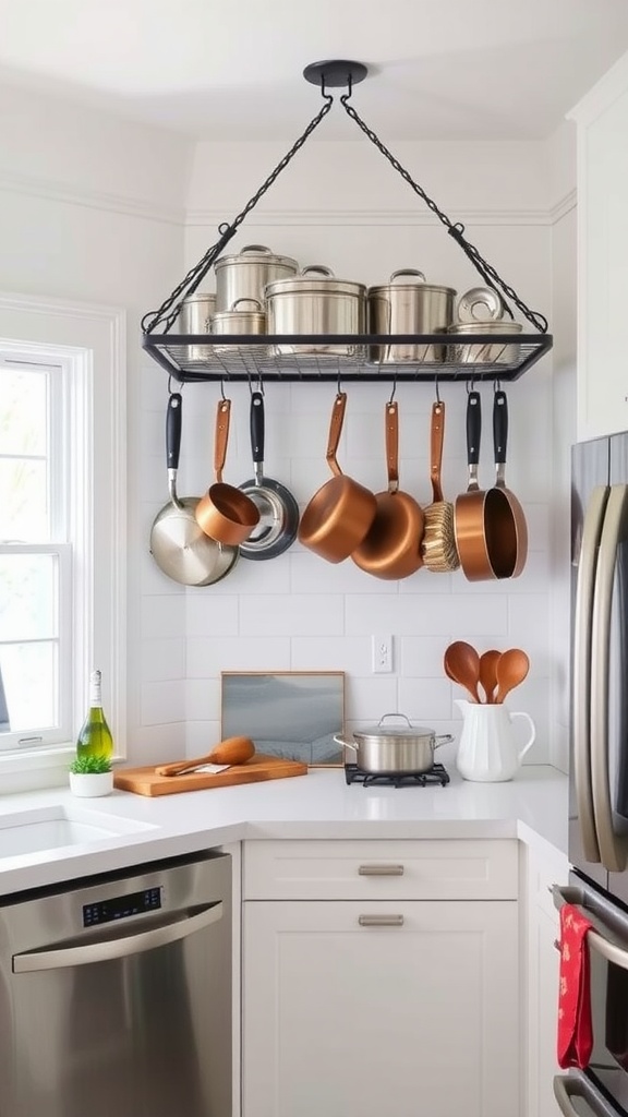 A stylish kitchen with a hanging pot rack displaying pots and pans, complemented by modern cabinetry and a cozy atmosphere.