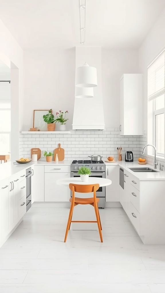 Functional white kitchen featuring a round table with an orange chair, modern appliances, and plants.